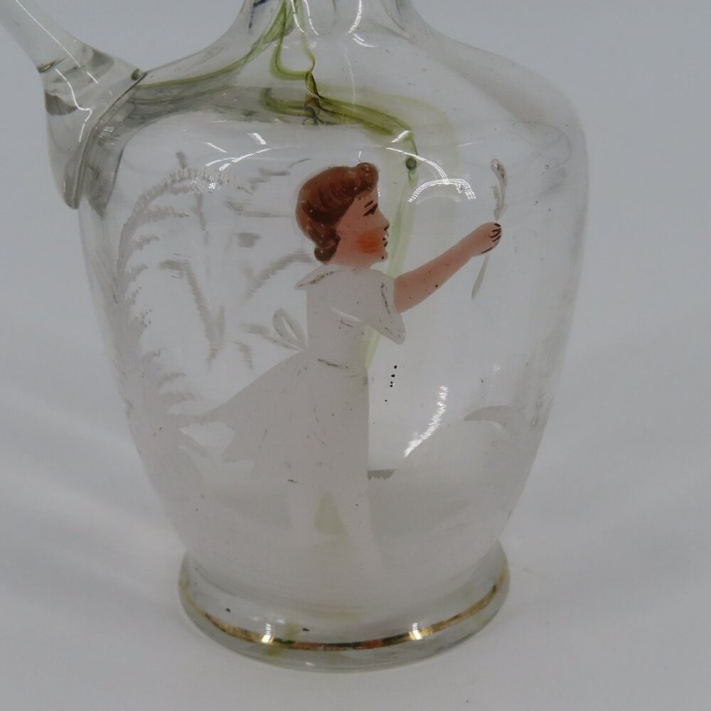 Antique Hand Blown Glass Vinegar Decanter Painted Angel Child Cruet Stopper VTG - Picture 3 of 14